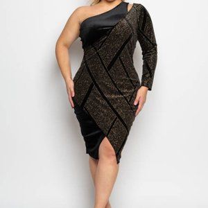 Plus Size Gold Glitter Contrast One Shoulder Tulip Midi Dress